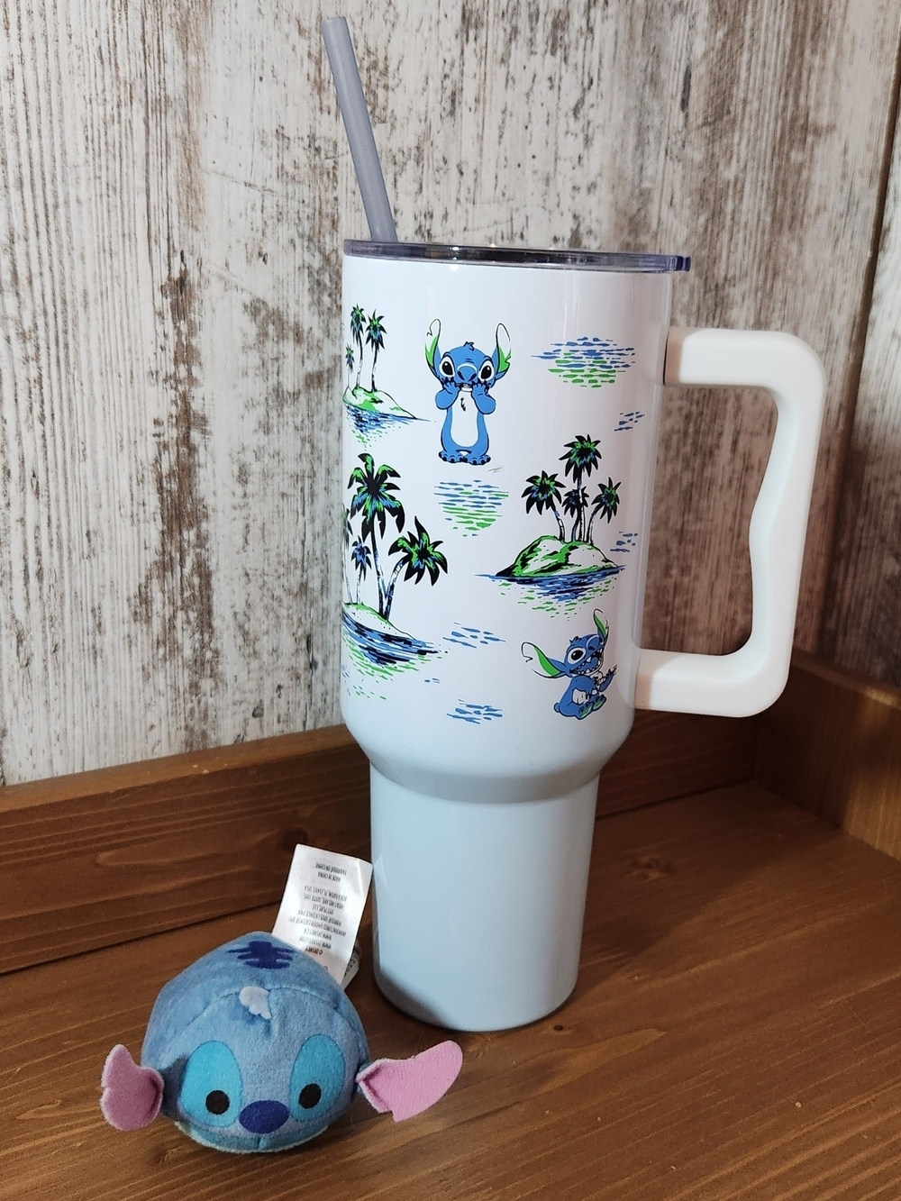 Source Unknown White, Blue & Green Stitch-Themed Travel Mug with Handle